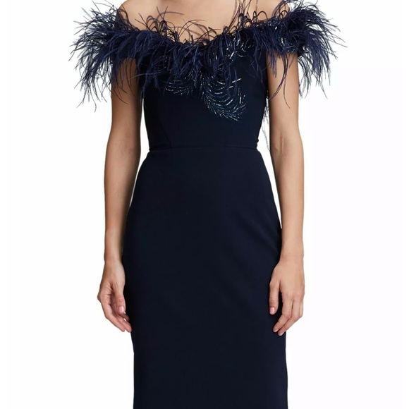 MARCHESA Navy Ostrich Feather Off Shoulder Dress 8 - Picture 9 of 12